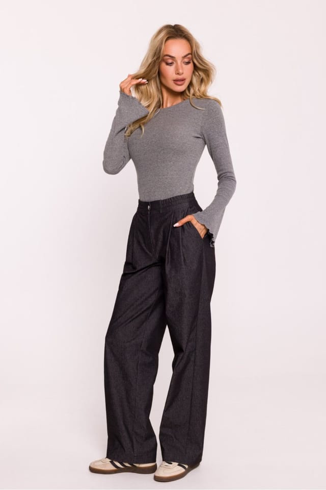 Love Lace Love Lace Women's Ribbed Cotton Fitted Blouse with Long Sleeves in Grey - 2