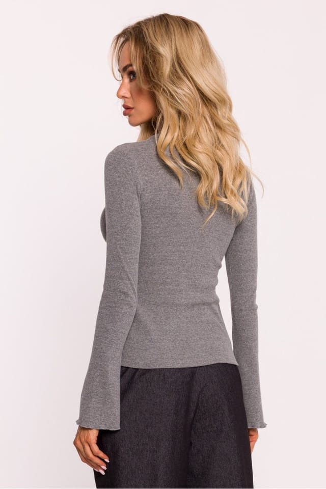 Love Lace Love Lace Women's Ribbed Cotton Fitted Blouse with Long Sleeves in Grey - 3