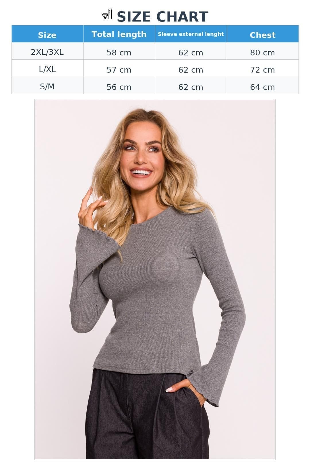 Love Lace Love Lace Women's Ribbed Cotton Fitted Blouse with Long Sleeves in Grey - 4
