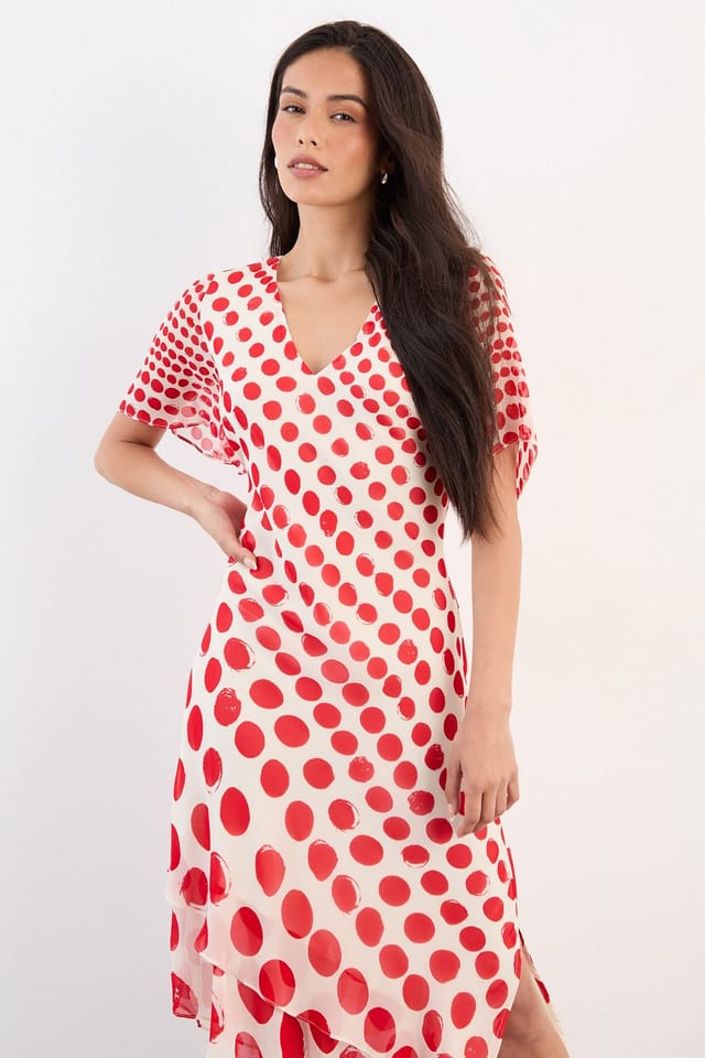Warehouse Warehouse Women's Graduated Statement Spot Midi Dress in Red - 2