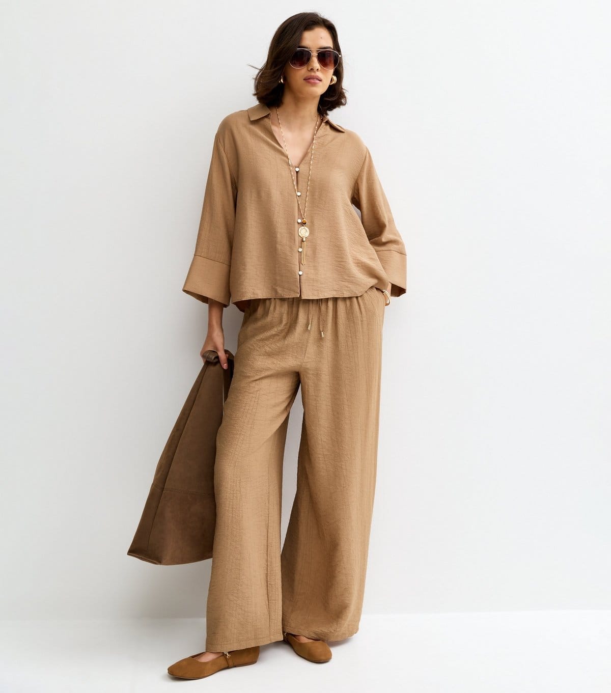 New Look Camel Crinkle Wide Leg Trousers