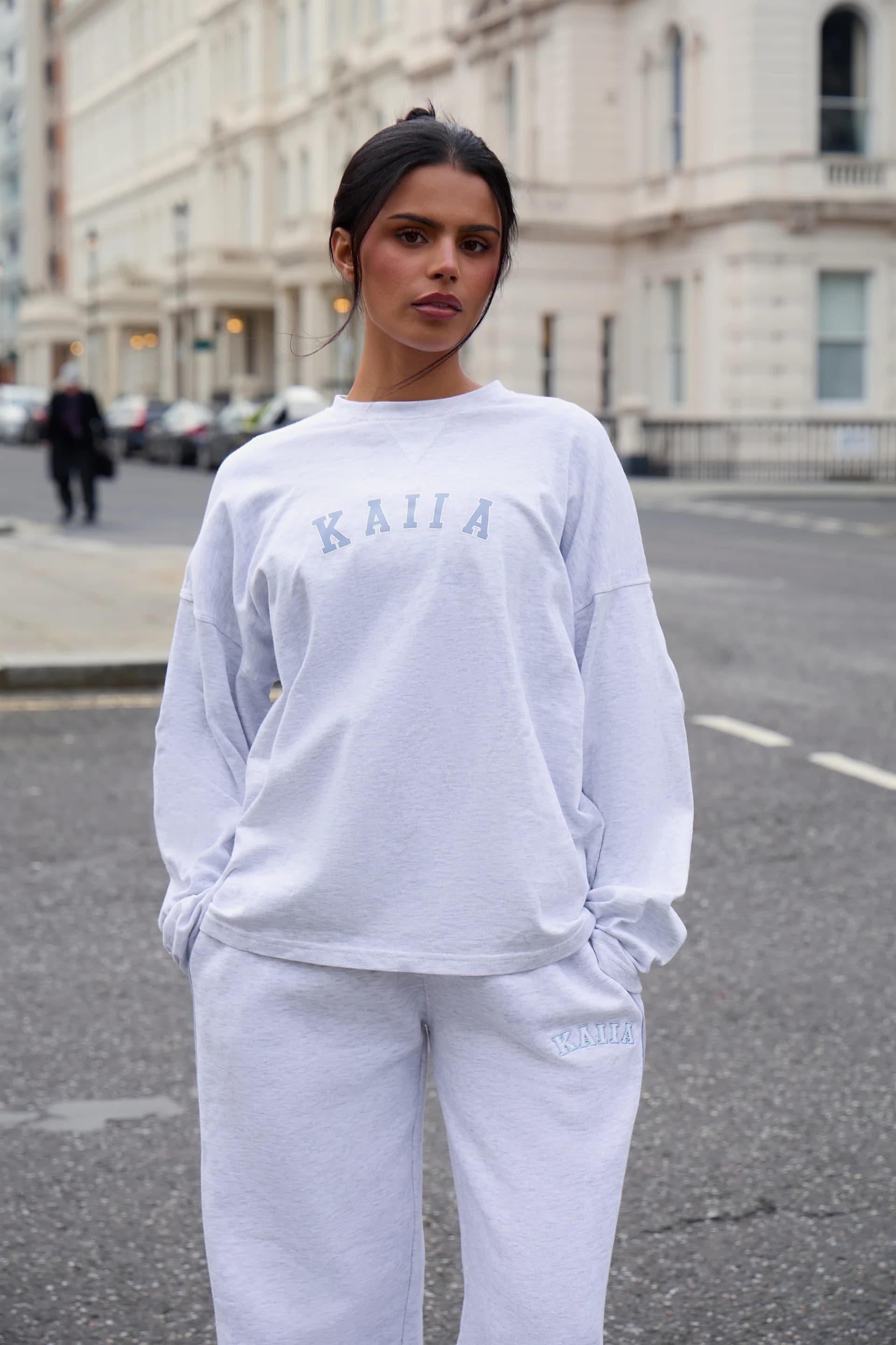 Kaiia Kaiia Cotton Long Sleeve Oversized T-shirt Light Grey Marl & Light Blue