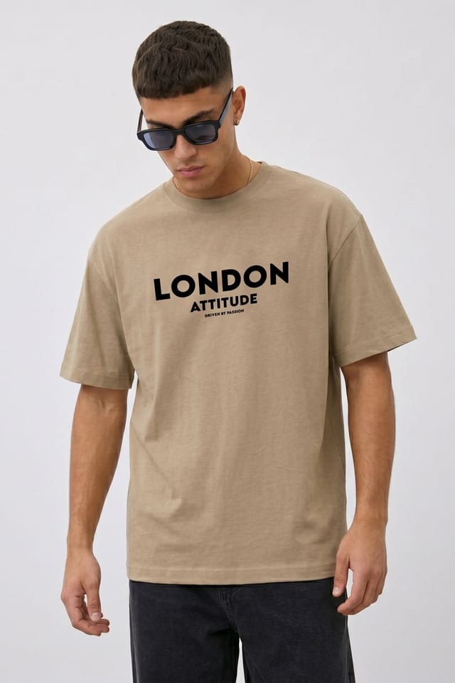 LONDON ATTITUDE LONDON ATTITUDE Men's Japanese Inspired Premium Cotton Relaxed Fit T-Shirt in Stone - 2