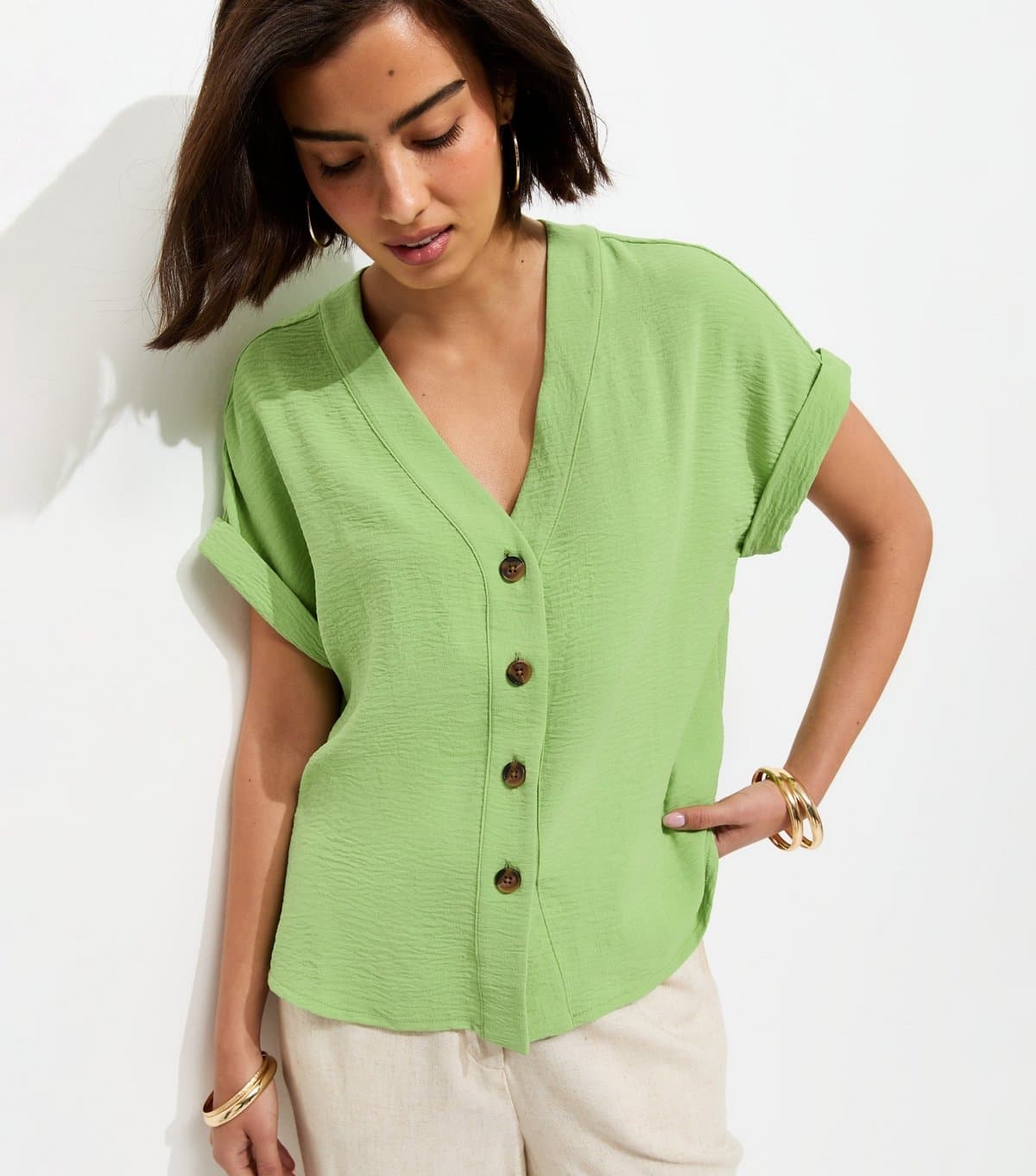 New Look New Look Green Woven Textured V-Neck Top
