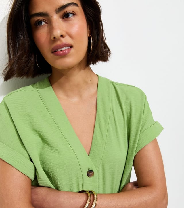 New Look Women's Green Button Through Folded Cuff Top New Look - 2