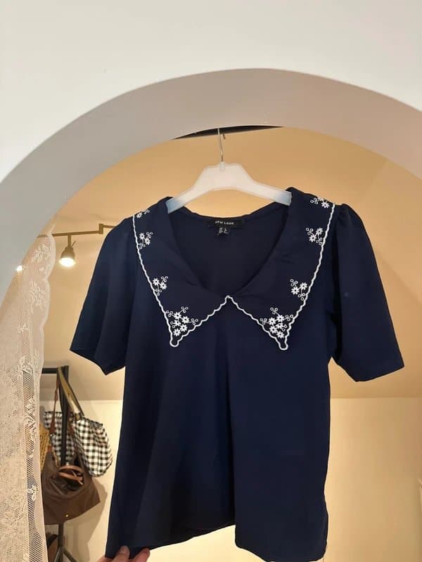 New Look new look navy blue embroidered collar tshirt