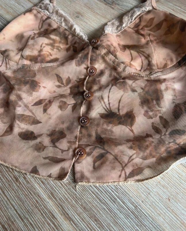 Motel 🤎 Y2K Motel Floral Mesh Cami Top Brown Sheer Button Front Lace Trim UK S