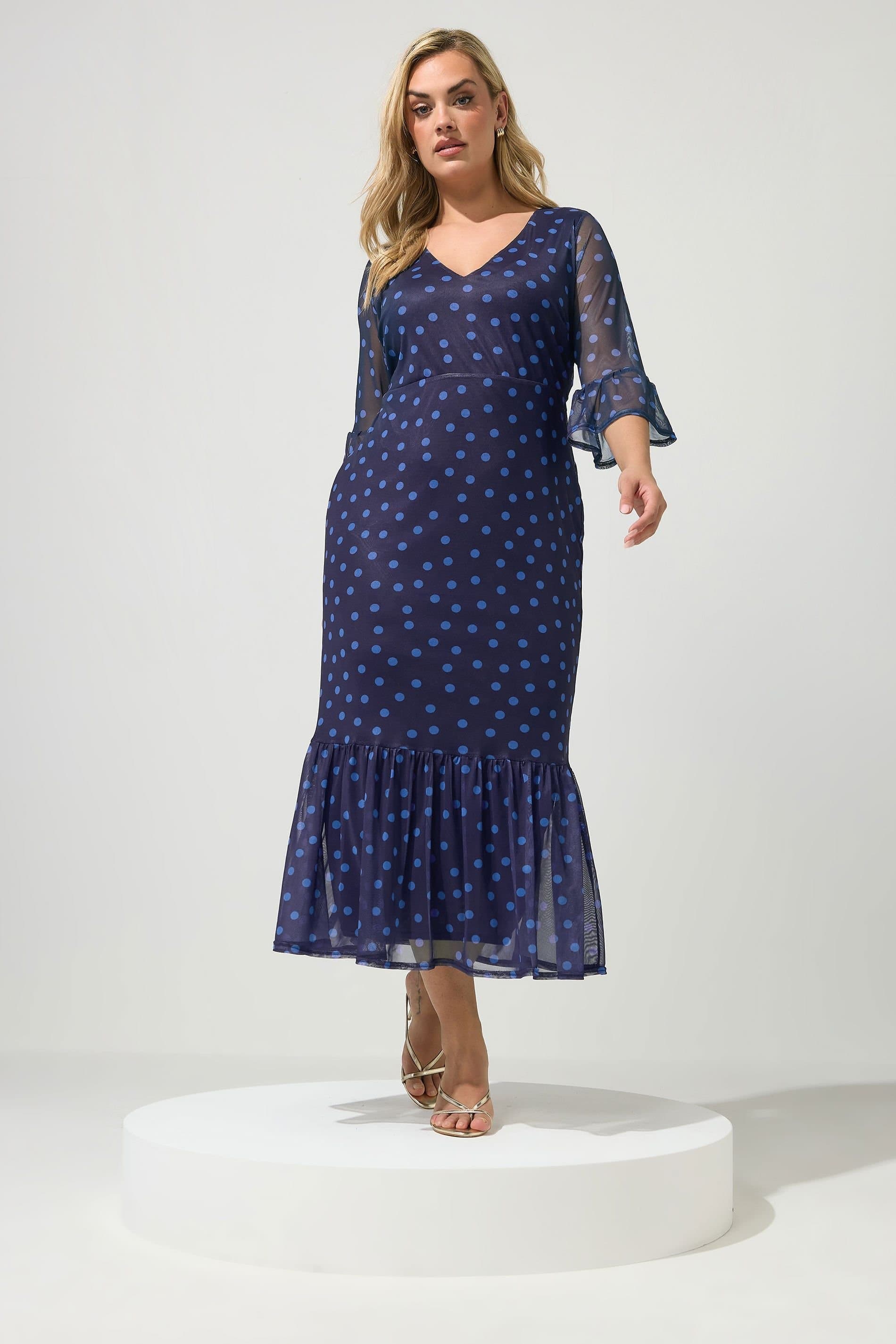 Yours Yours Women's Polka Dot Mesh Tiered Dress in Dark Navy