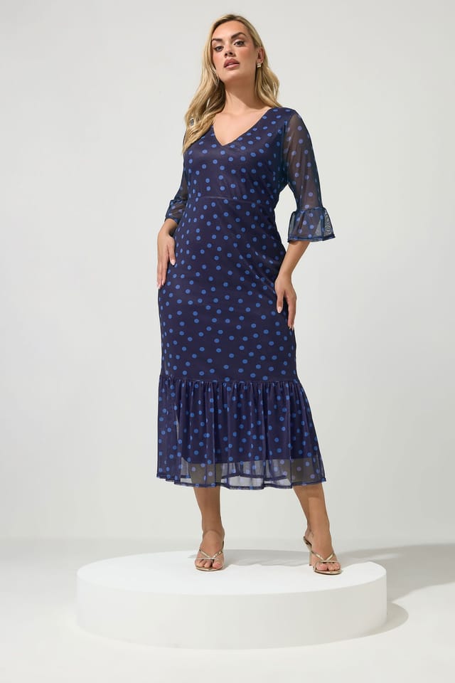 Yours Yours Women's Polka Dot Mesh Tiered Dress in Dark Navy - 3