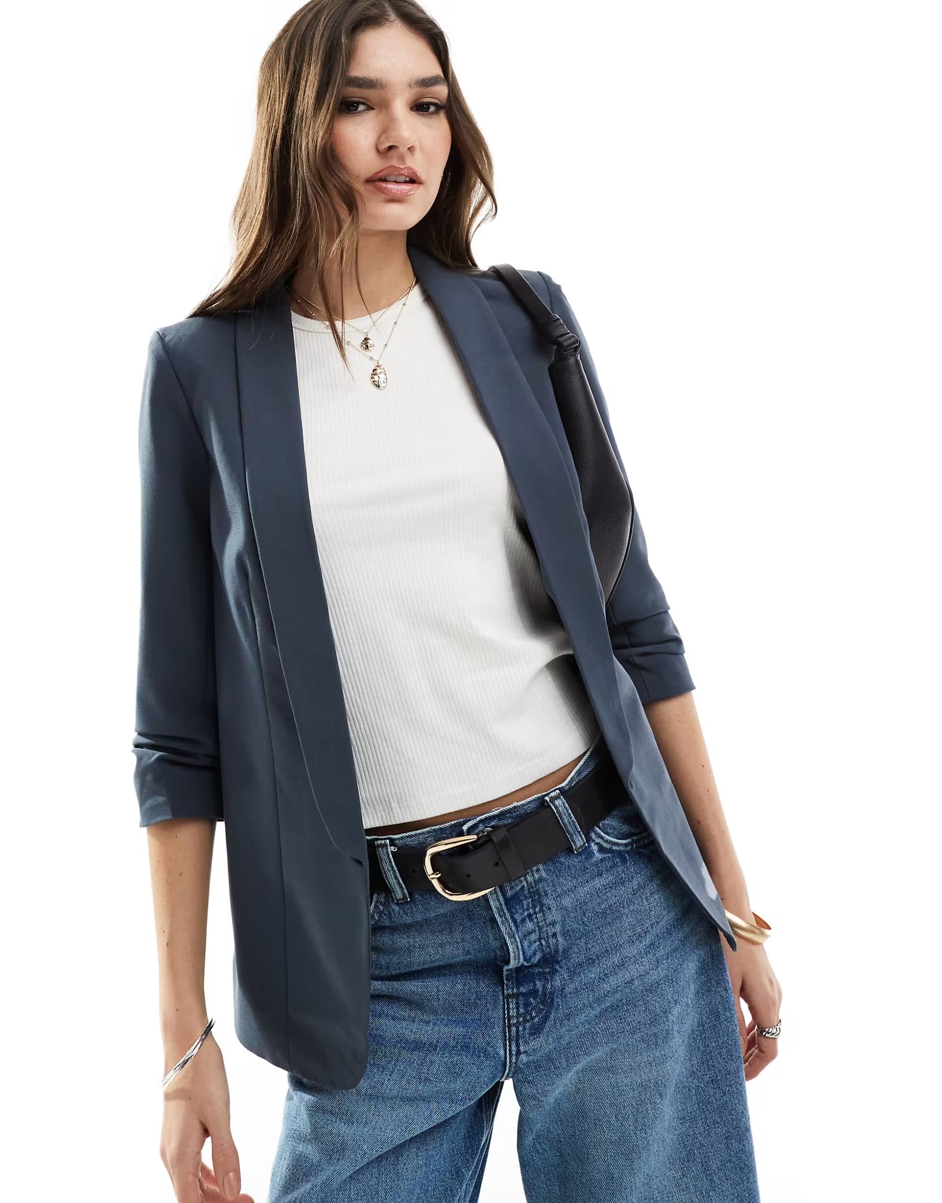ASOS Pieces ruched sleeve blazer in ombre blue