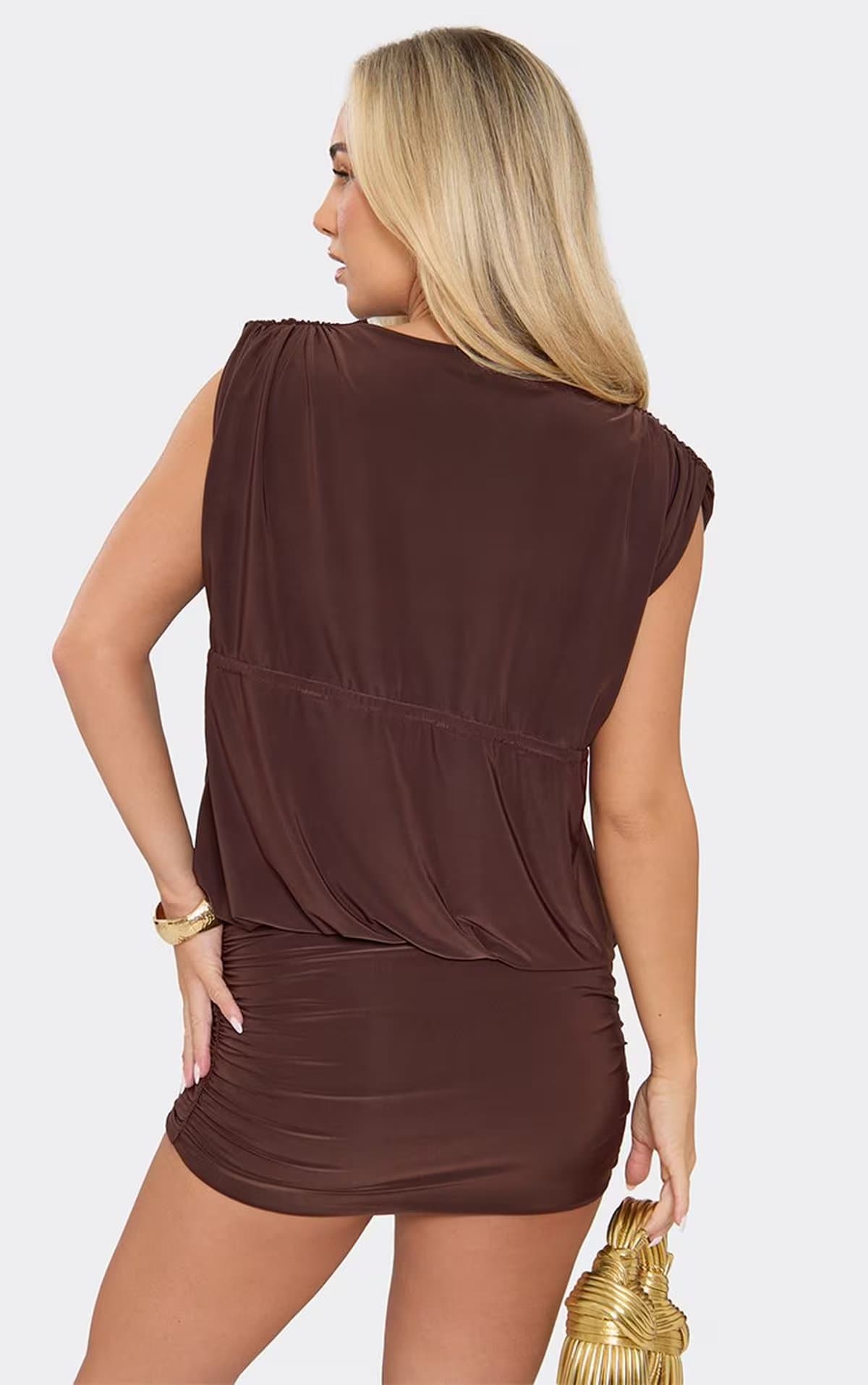 EGO Plunge Neck Short Sleeve Tie Front Ruched Mini Dress In Chocolate Brown, Women's Size UK 6