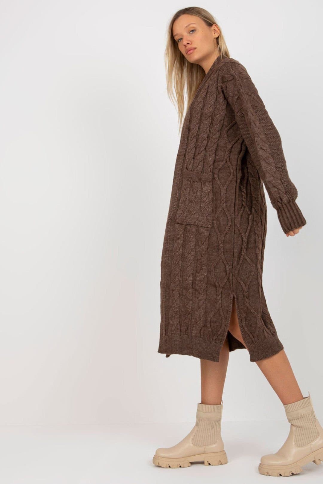 Love Lace Love Lace Women's Long Sleeve Slip Pocket Open Cardigan in Brown