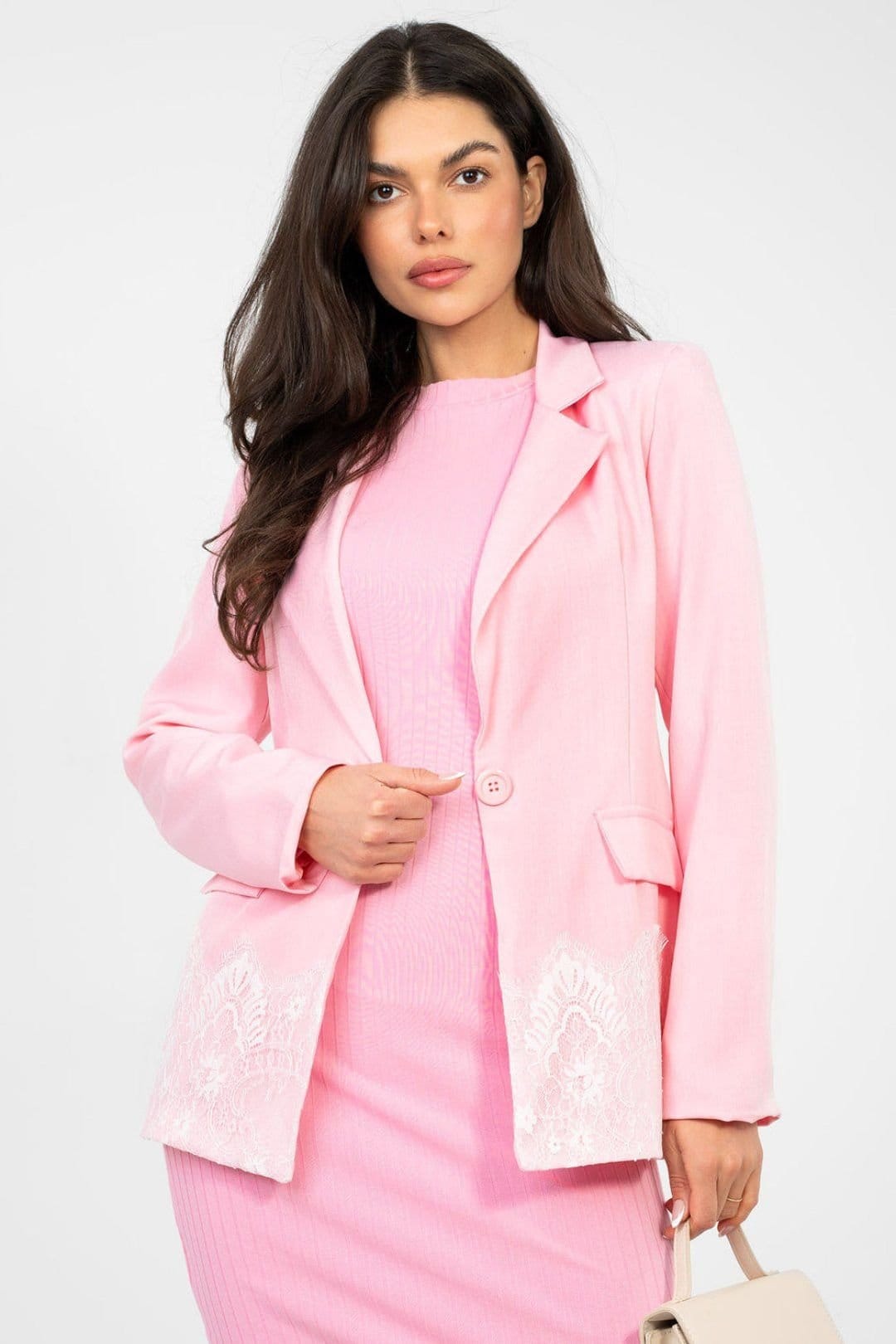 Love Lace Pink Polyester Blazer with Lace Hem
