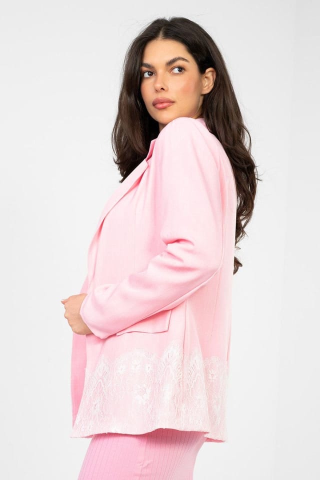 Love Lace Love Lace Women's Elegant Polyester Blazer with Lace Hem in Pink - 2