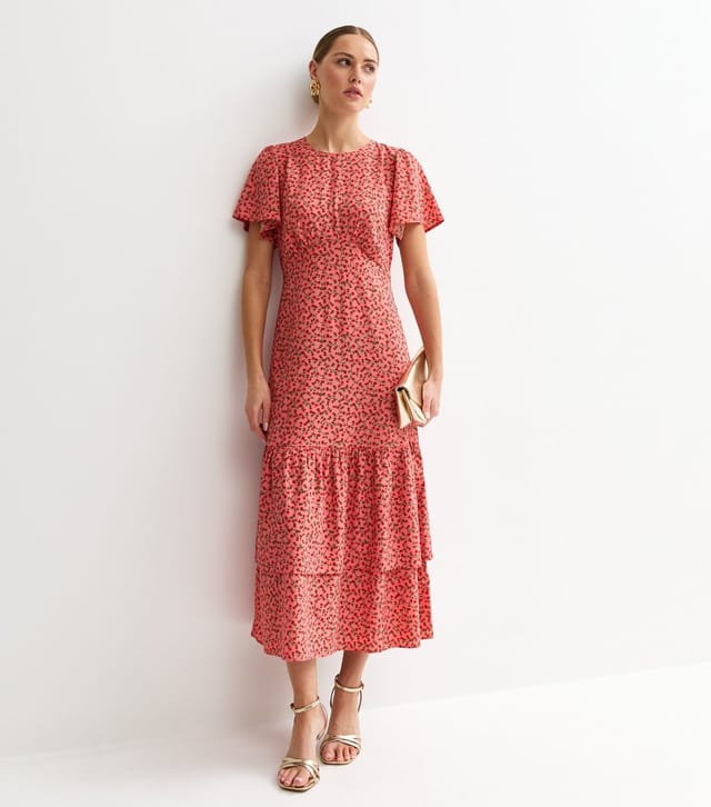 New Look Women's Pink Floral Flutter Sleeve Tiered Midi Dress New Look - 2