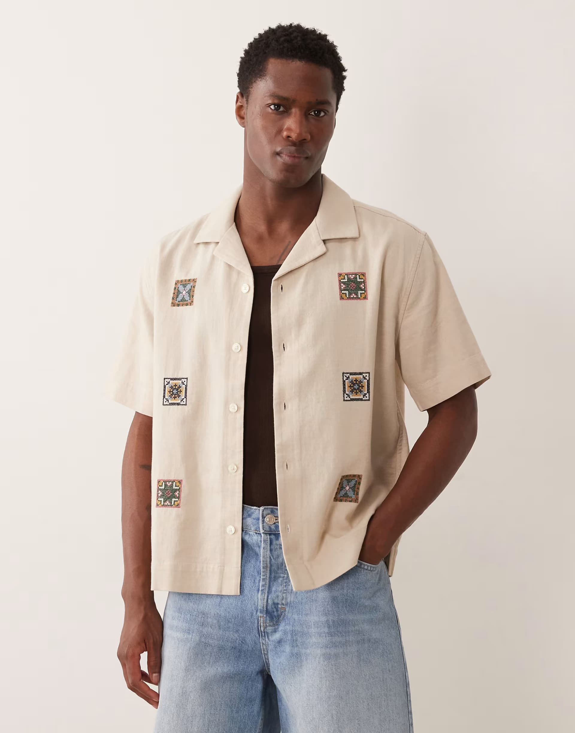 ASOS Abercrombie & Fitch short sleeve tile detail knitted shirt in cream