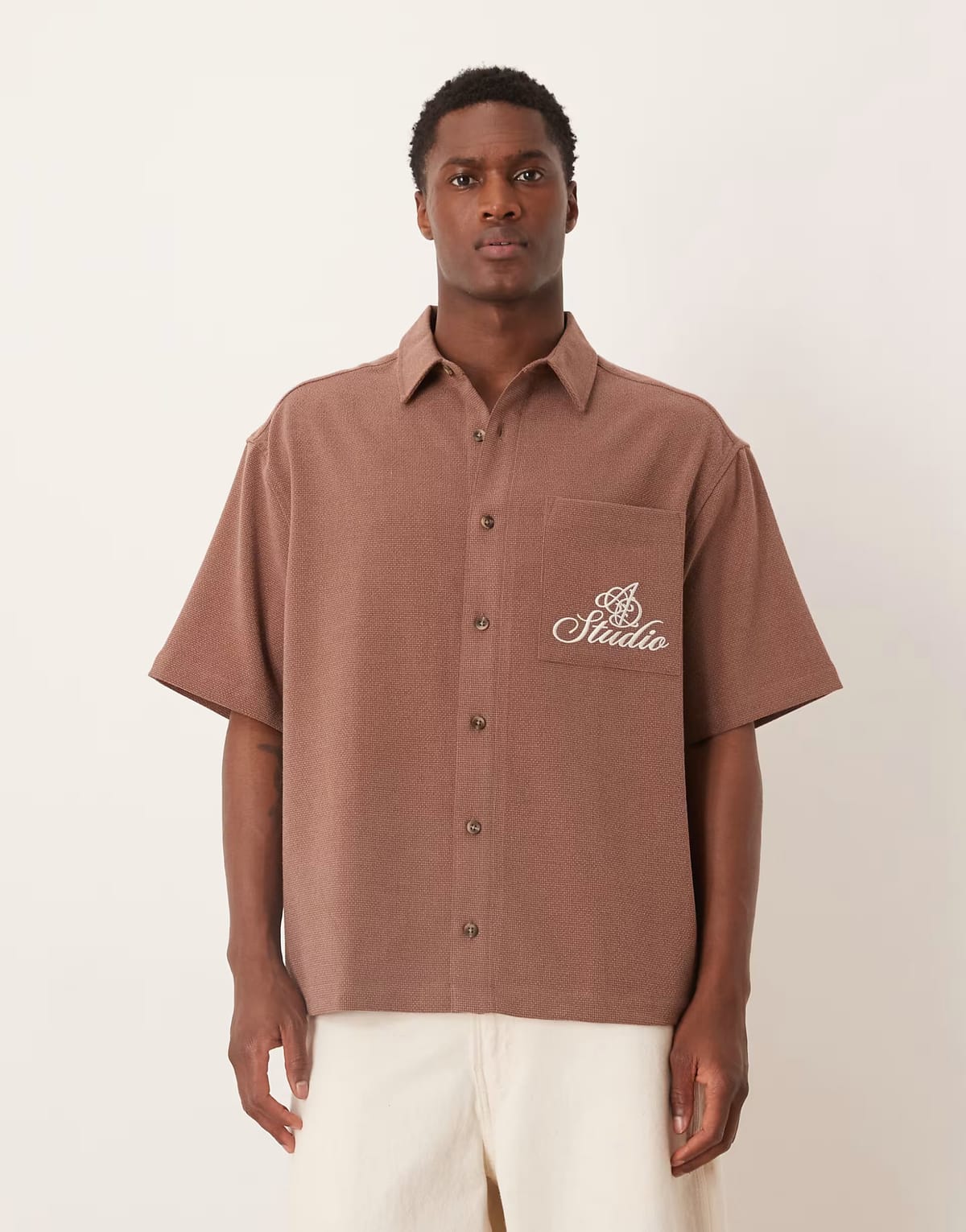 ASOS ASOS DESIGN oversized textured shirt with chest embroidery in brown - 1