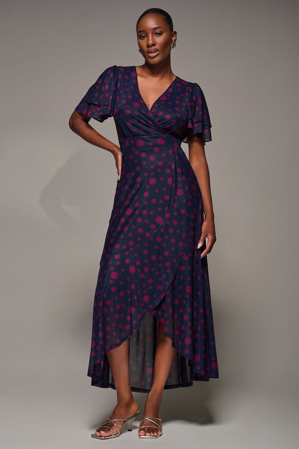 Jolie Moi Jolie Moi Women's Angel Sleeve Mesh Frill Wrap Maxi Dress in Navy