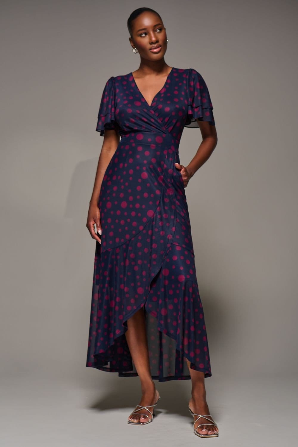 Jolie Moi Jolie Moi Women's Angel Sleeve Mesh Frill Wrap Maxi Dress in Navy - 4