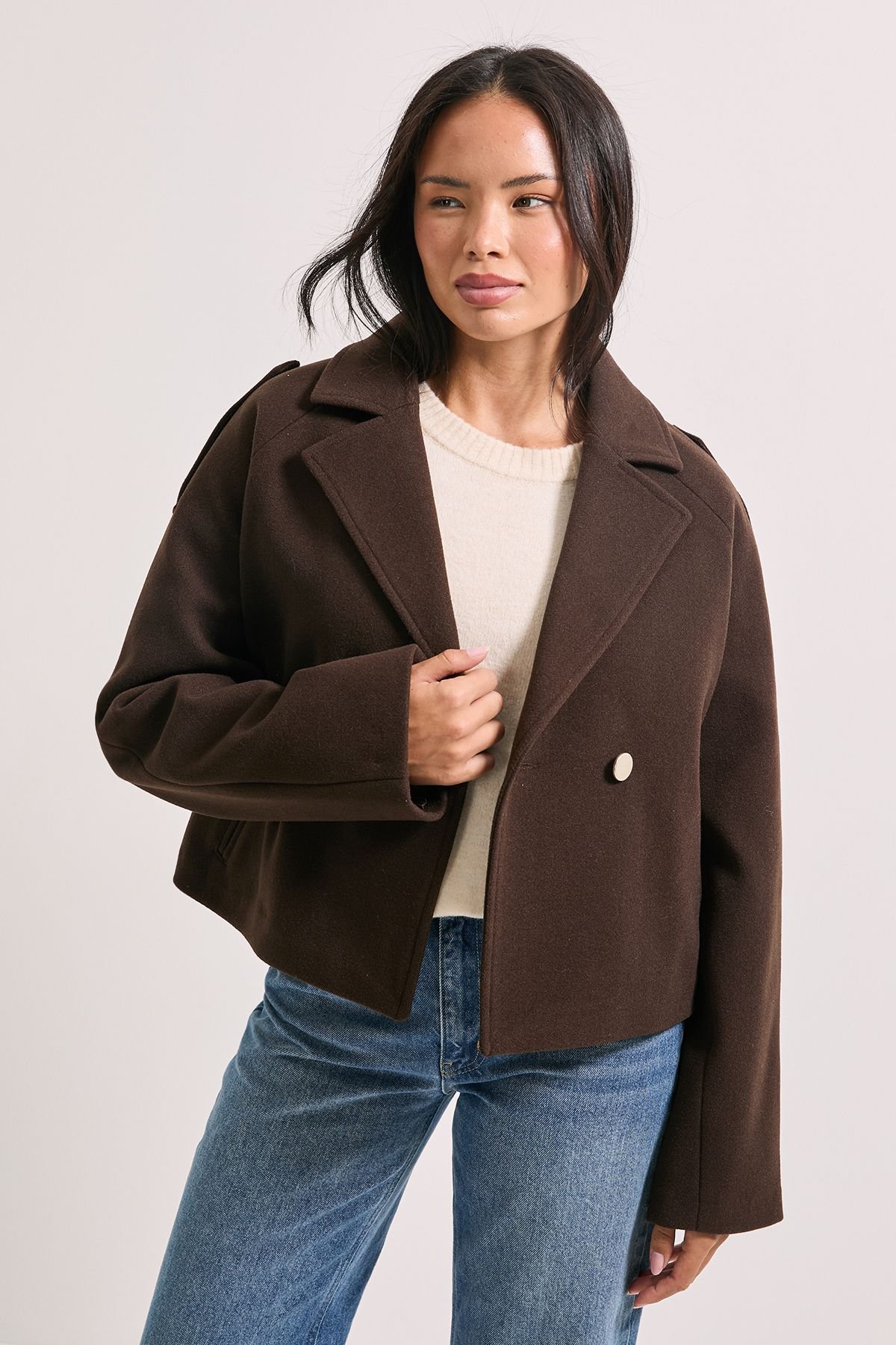 Dorothy Perkins Dorothy Perkins Women's Short Faux Wool Trench Jacket in Chocolate - 2