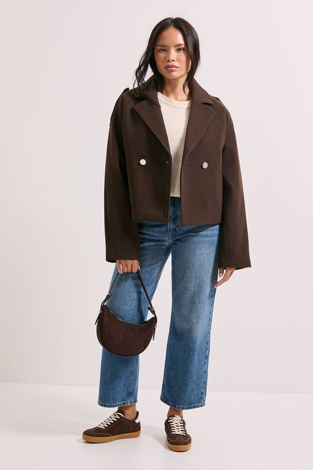 Dorothy Perkins Dorothy Perkins Women's Short Faux Wool Trench Jacket in Chocolate - 2