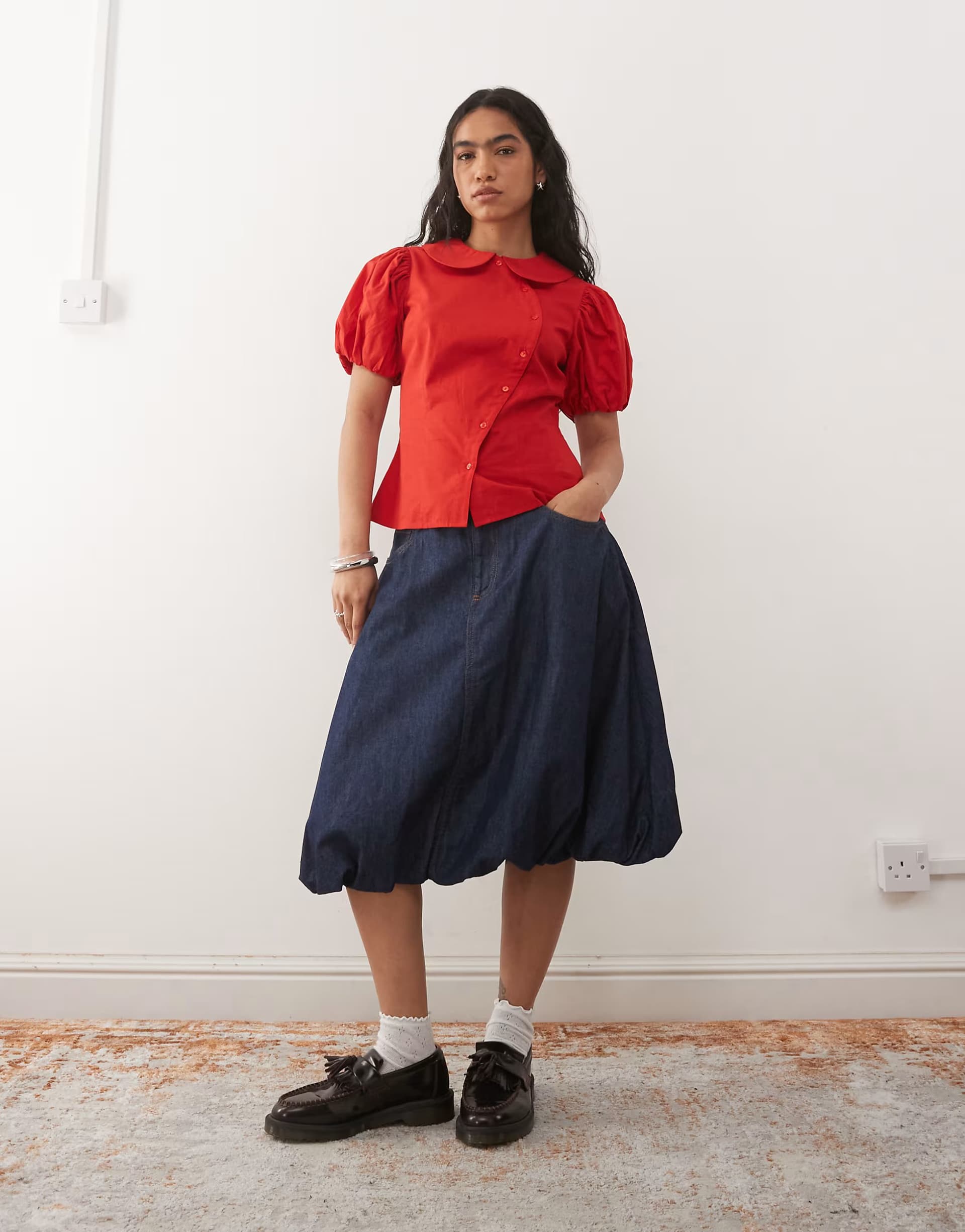 ASOS Reclaimed Vintage puffball denim midi skirt in indigo