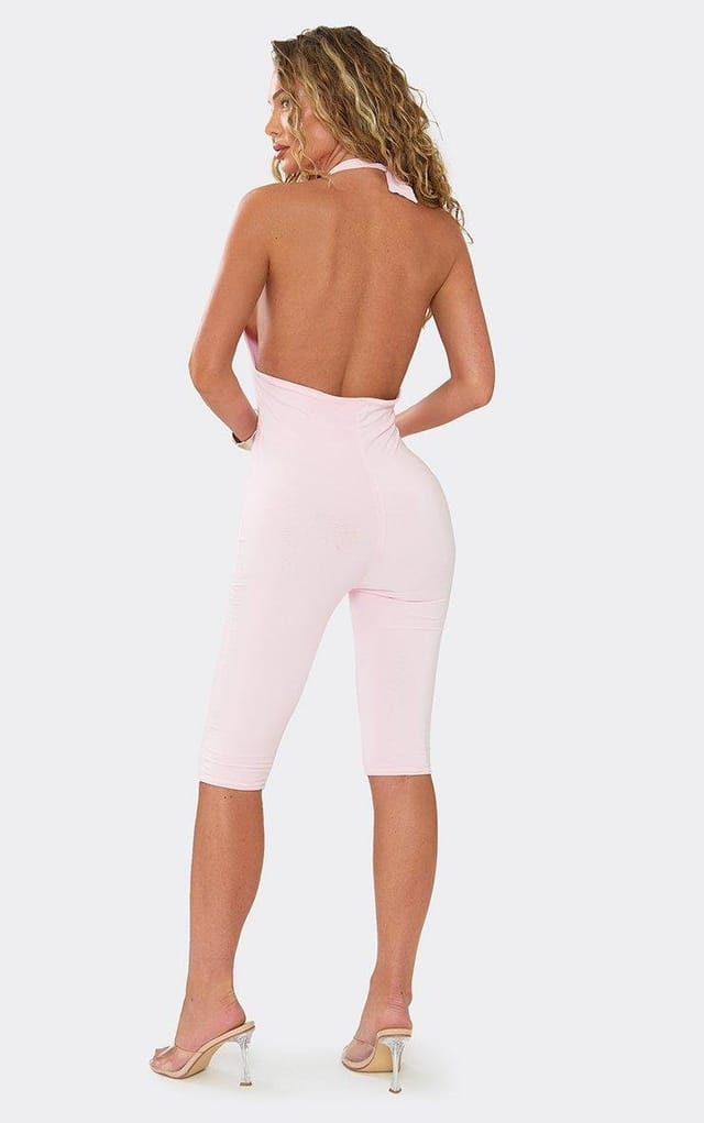 EGO Halterneck Plunge Front Jumpsuit In Pink, Women's Size UK 6 - 2