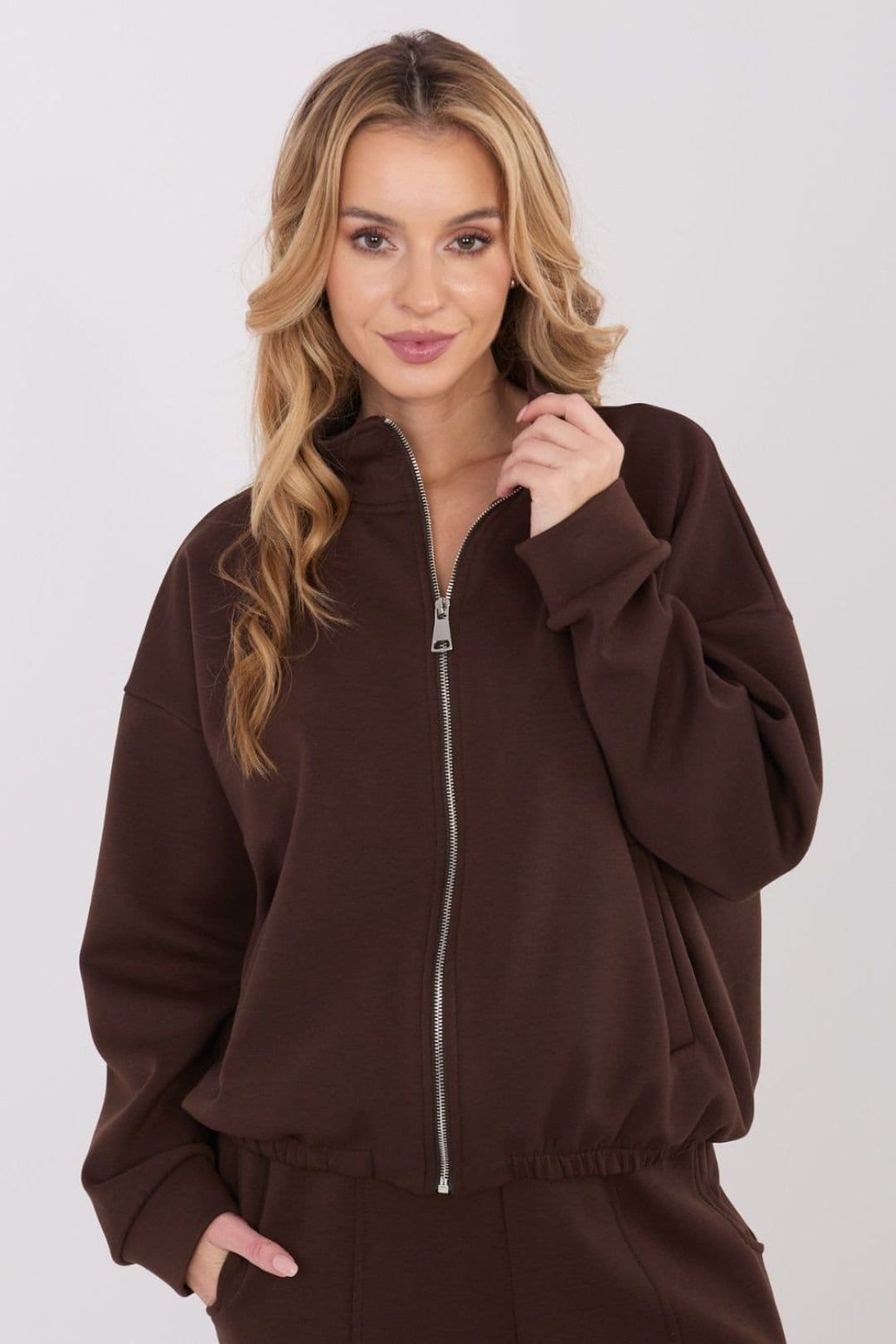 Love Lace Love Lace Women's Casual Zip Stand Collar Blouse with Pockets in Brown - 4