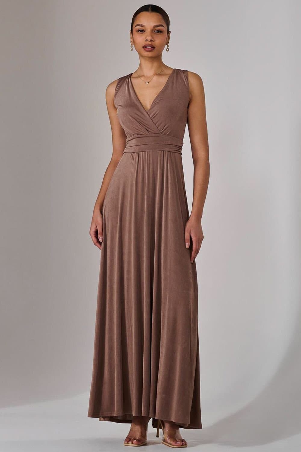 Jolie Moi Jolie Moi Women's Ella Wrap Bodice Jersey Maxi Dress in Taupe