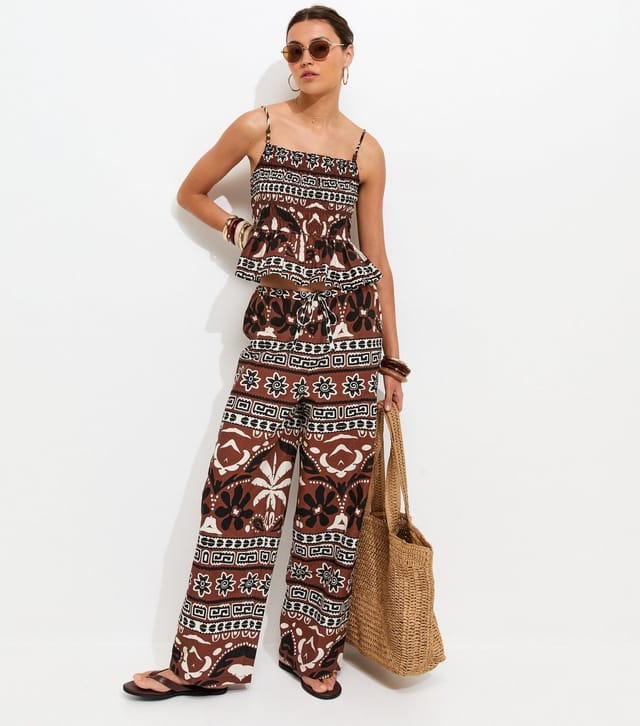 New Look Women's Brown Palm Tree Print Wide Leg Trousers New Look - 2