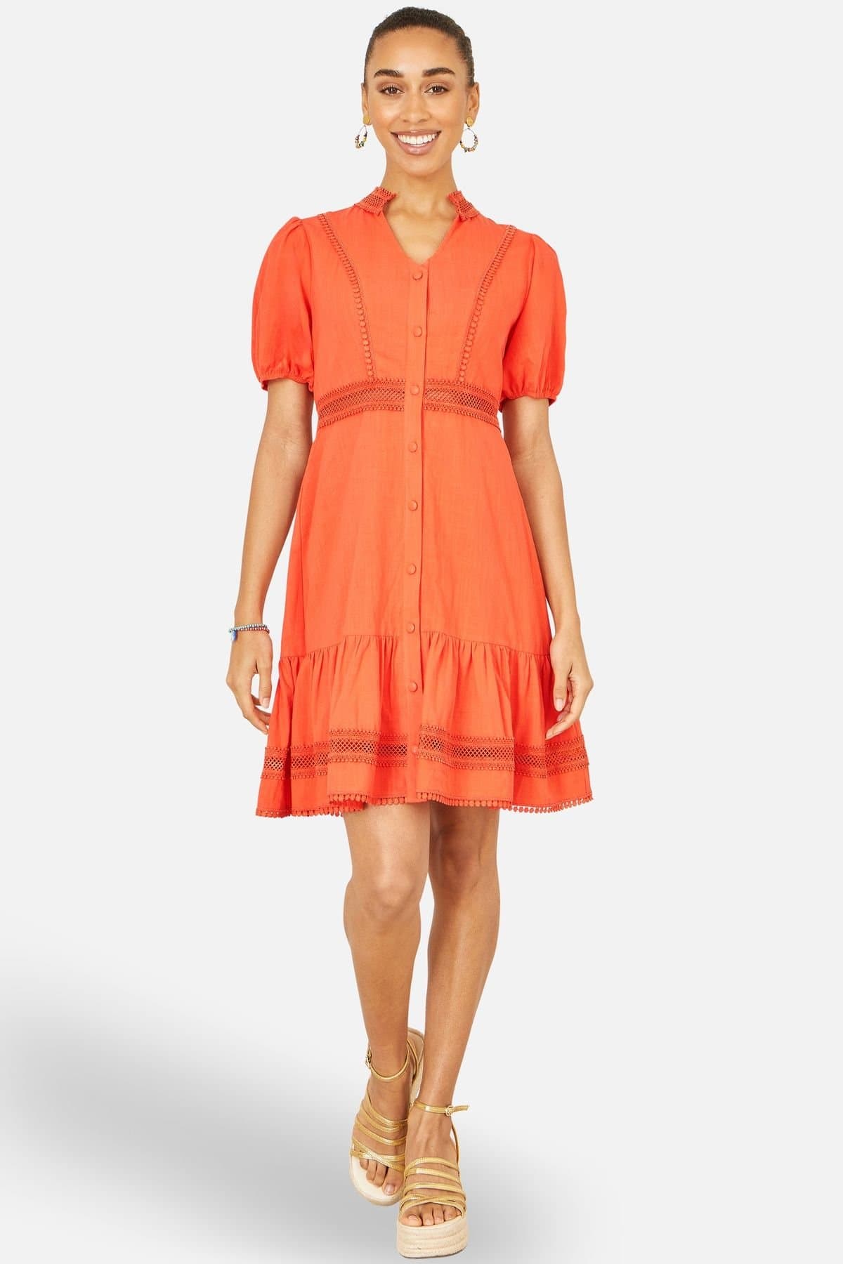 Yumi Yumi Women's Cotton Lace Trim Skater Shirt Dress in Tangerine