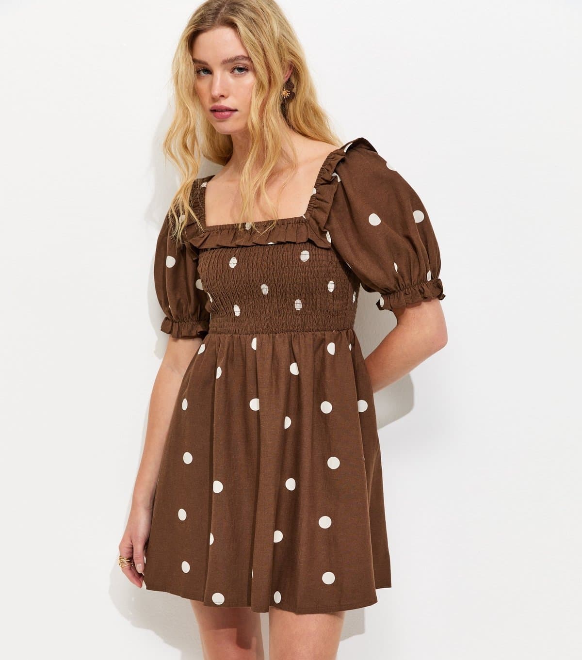 New Look Women's Brown Polka Dot Shirred Short Sleeve Mini Dress New Look