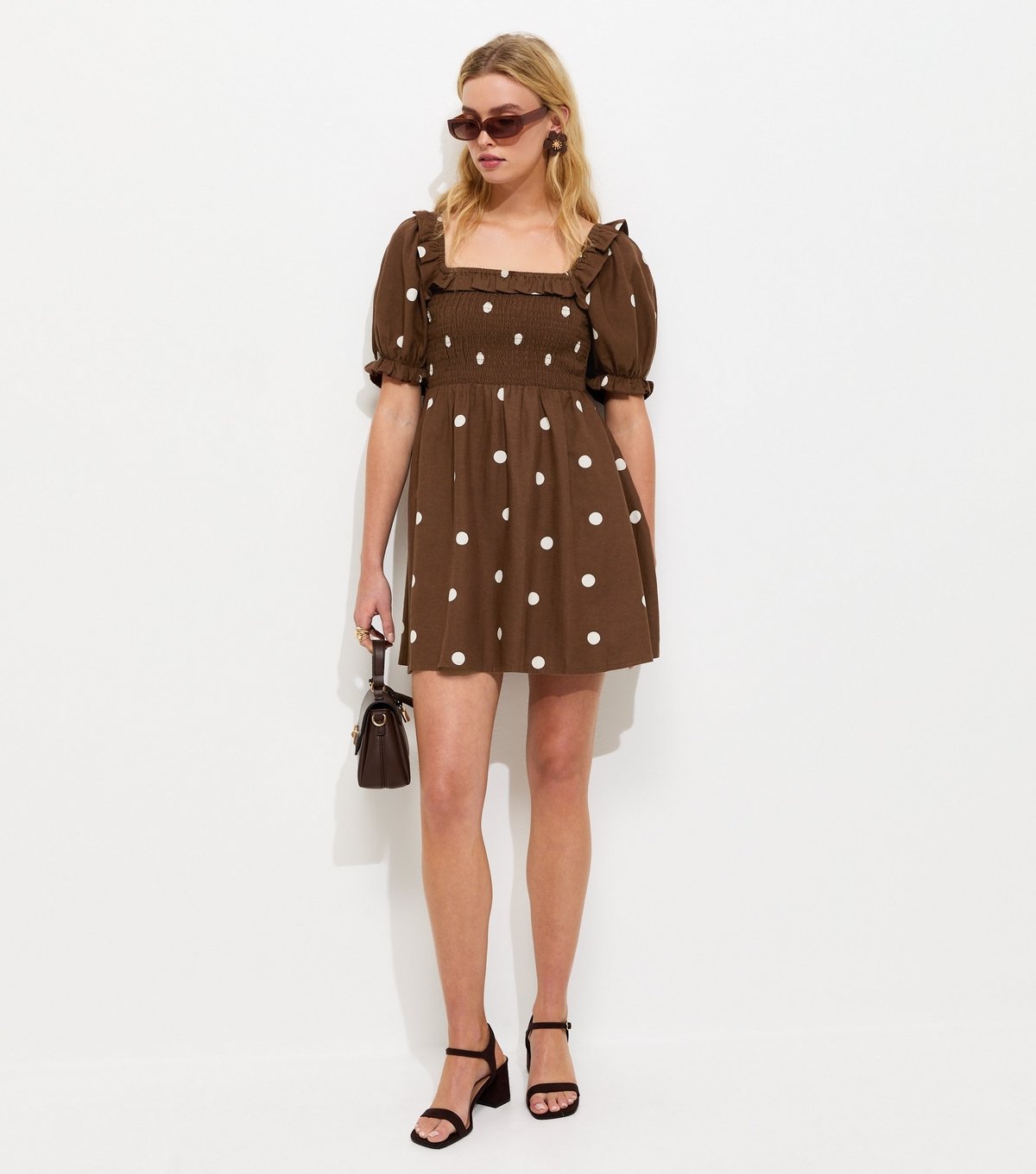 New Look Women's Brown Polka Dot Shirred Short Sleeve Mini Dress New Look - 3