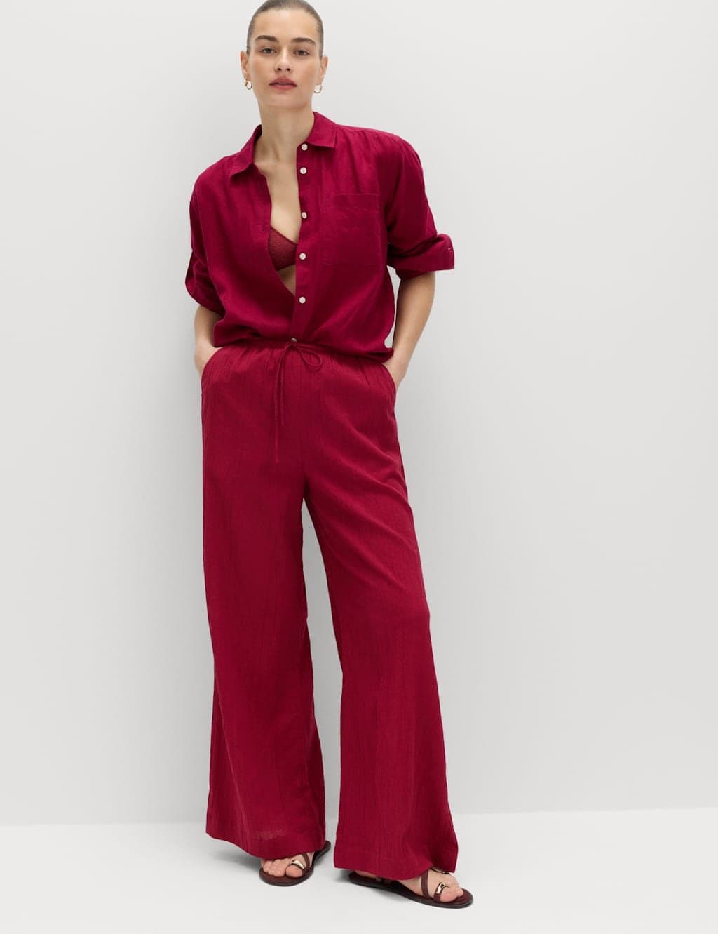 Marks & Spencer M&S Cotton Rich Beach Trousers with Linen Raspberry