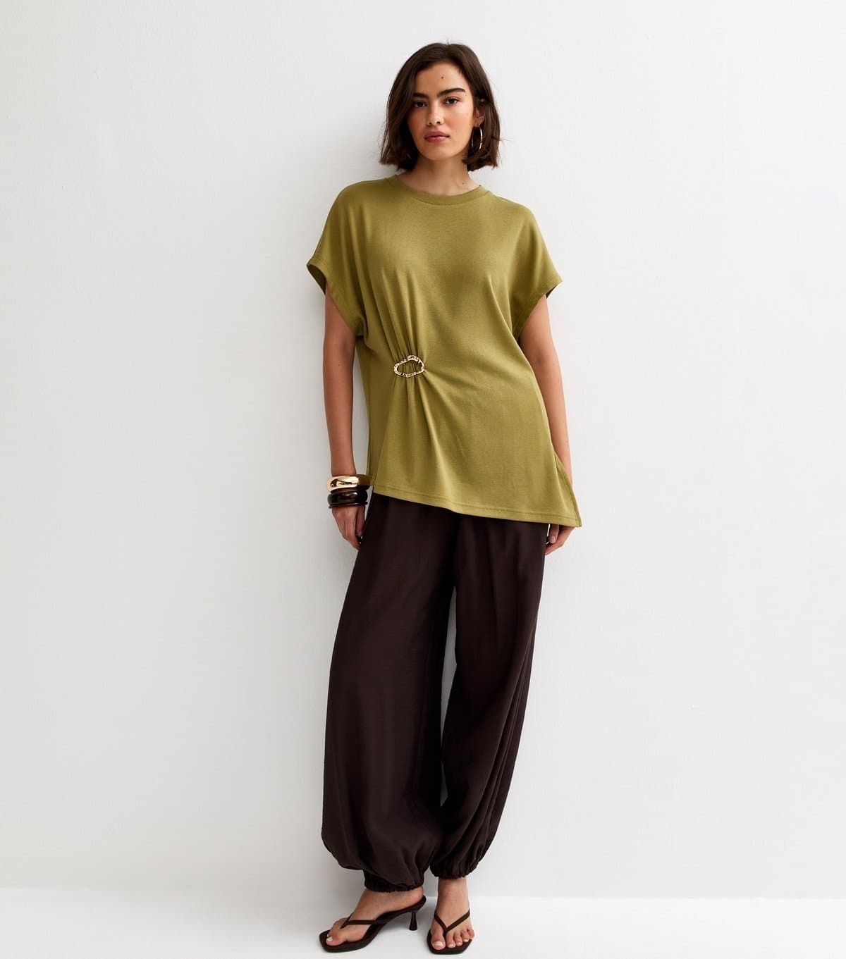 New Look Women's Green Textured Soft Touch Buckle Detail Top New Look