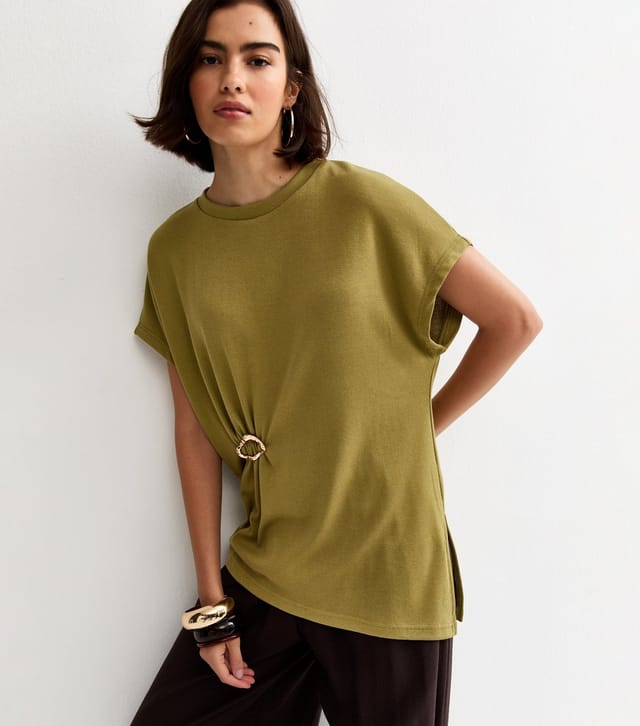 New Look Women's Green Textured Soft Touch Buckle Detail Top New Look - 3