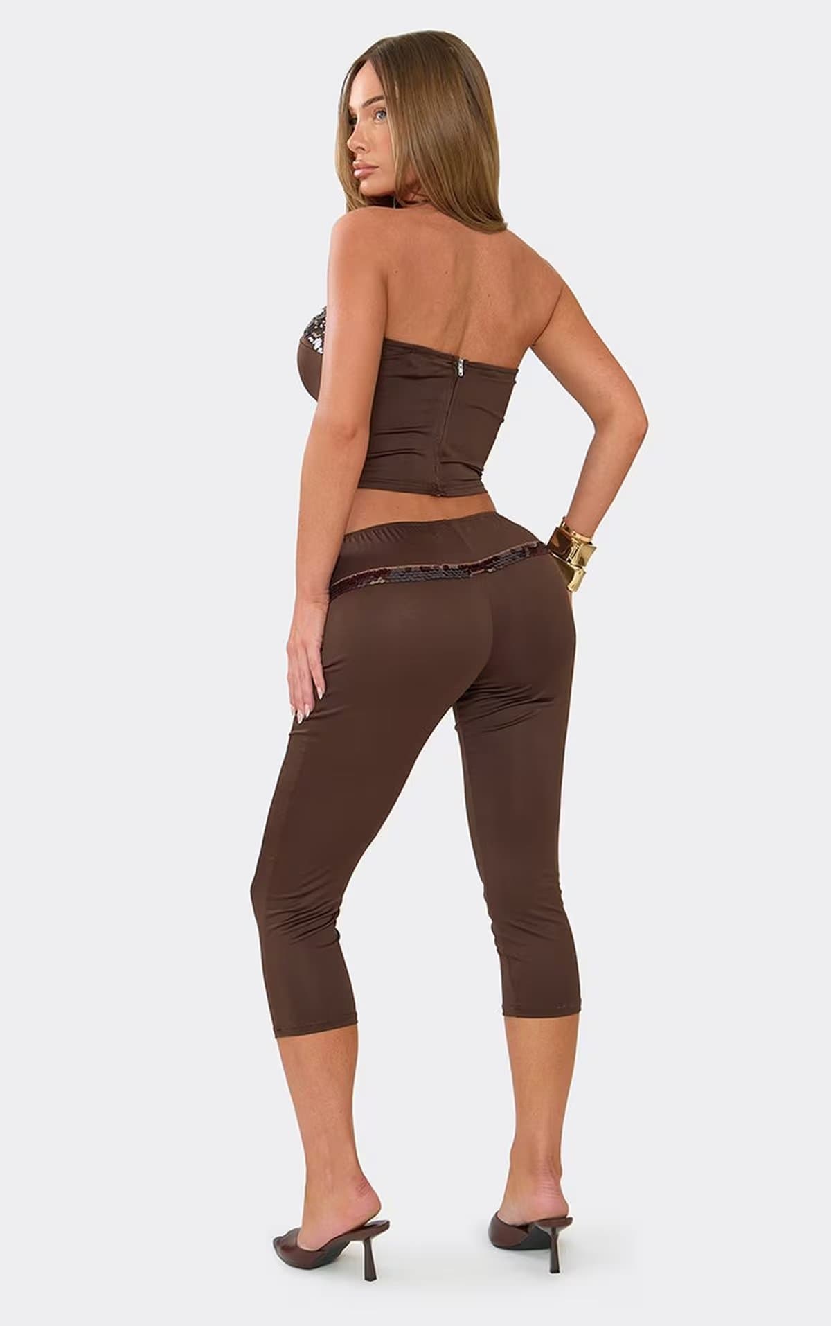 EGO Low Rise Sequin Waistband Detail Capri Trousers In Chocolate Brown, Women's Size UK 6