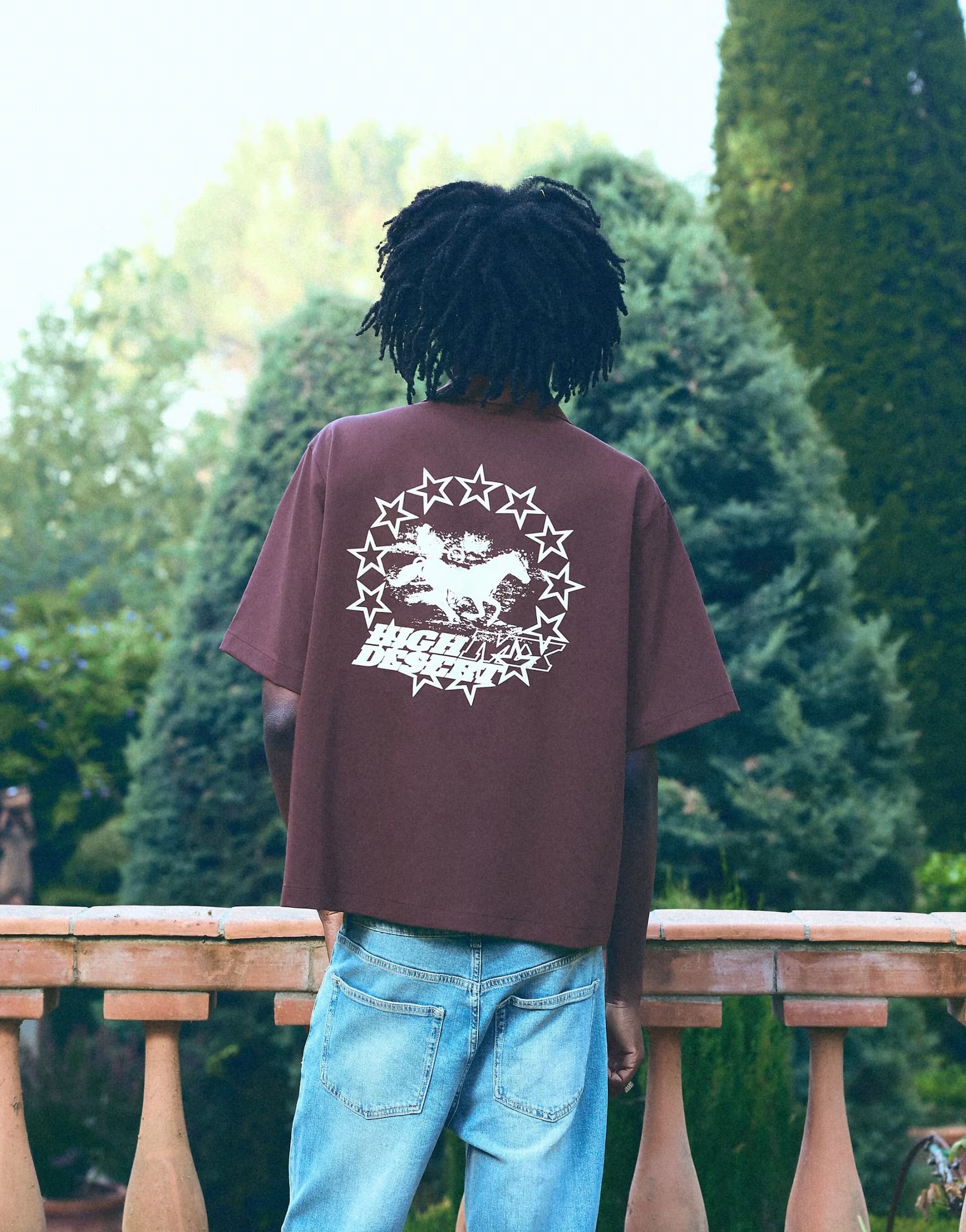 ASOS Bershka Short sleeve boxy print shirt in burgundy