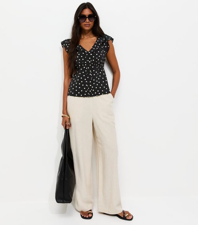 New Look Women's Black Spot Print Frill Trim Tea Top New Look - 3