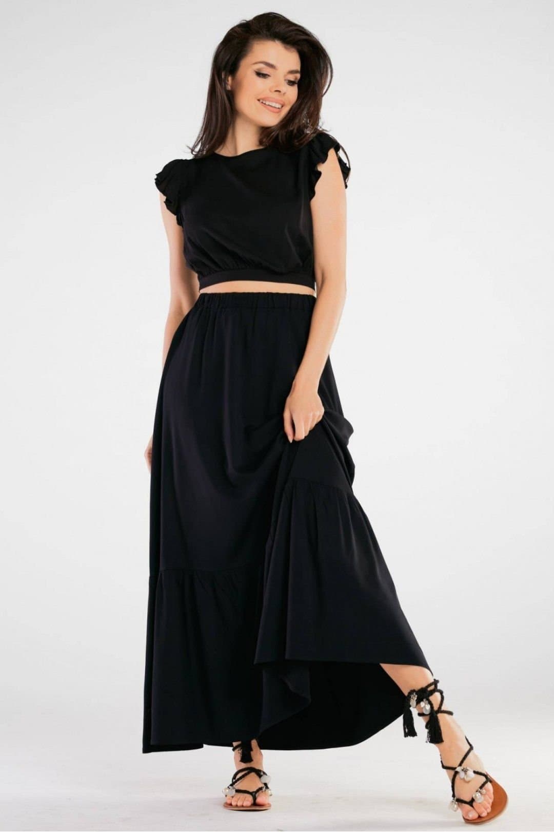 Love Lace Love Lace Women's Airy Viscose Tie Back Short Blouse with Frills in Black