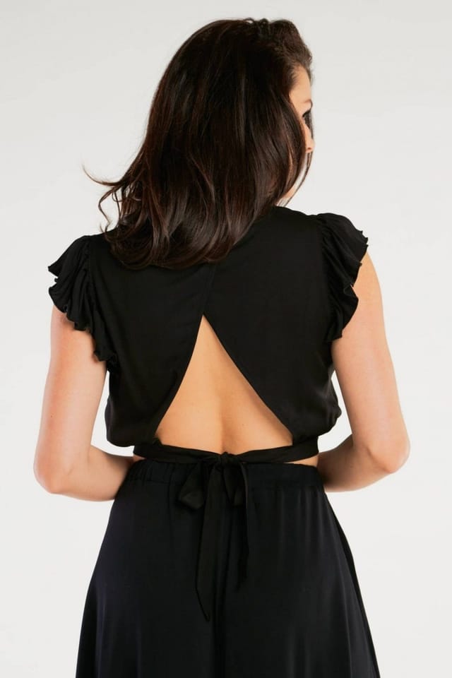 Love Lace Love Lace Women's Airy Viscose Tie Back Short Blouse with Frills in Black - 3