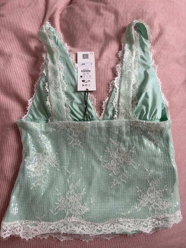 Bershka Read description  Bershka Mint Green Lace & Sequin Cami Top – Size L