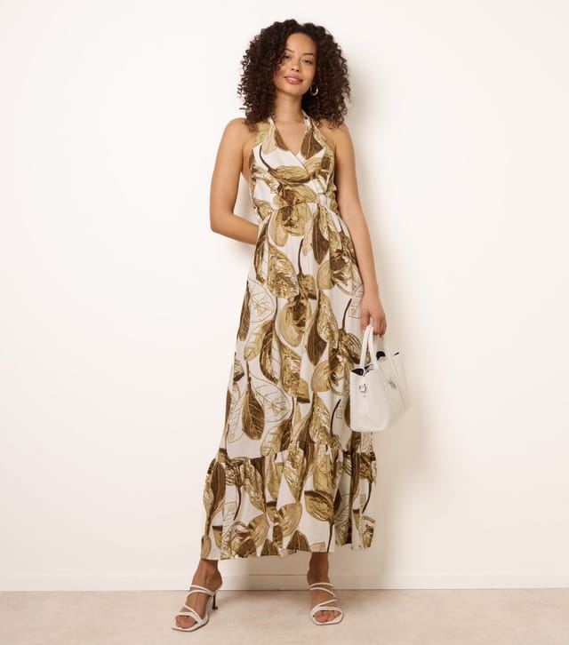 Blue Vanilla Women's Dark Brown Leaf Print Halter Neck Dress Blue Vanilla New Look - 3