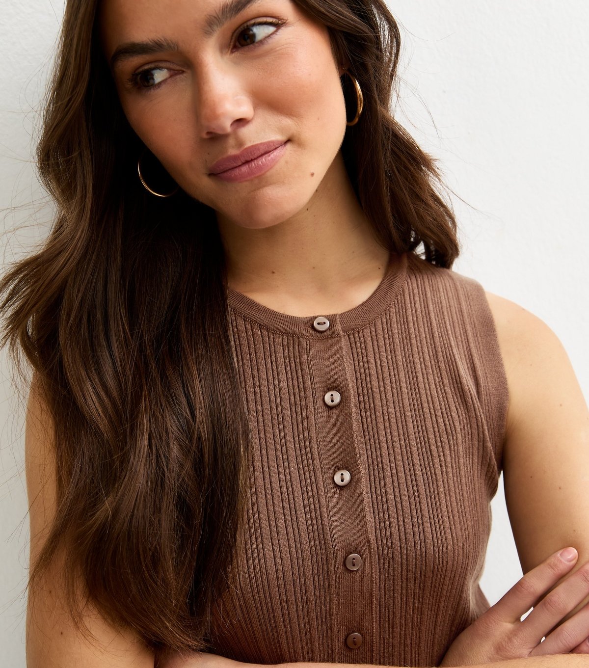 New Look Women's Petite Brown Ribbed Button Down Vest New Look - 2