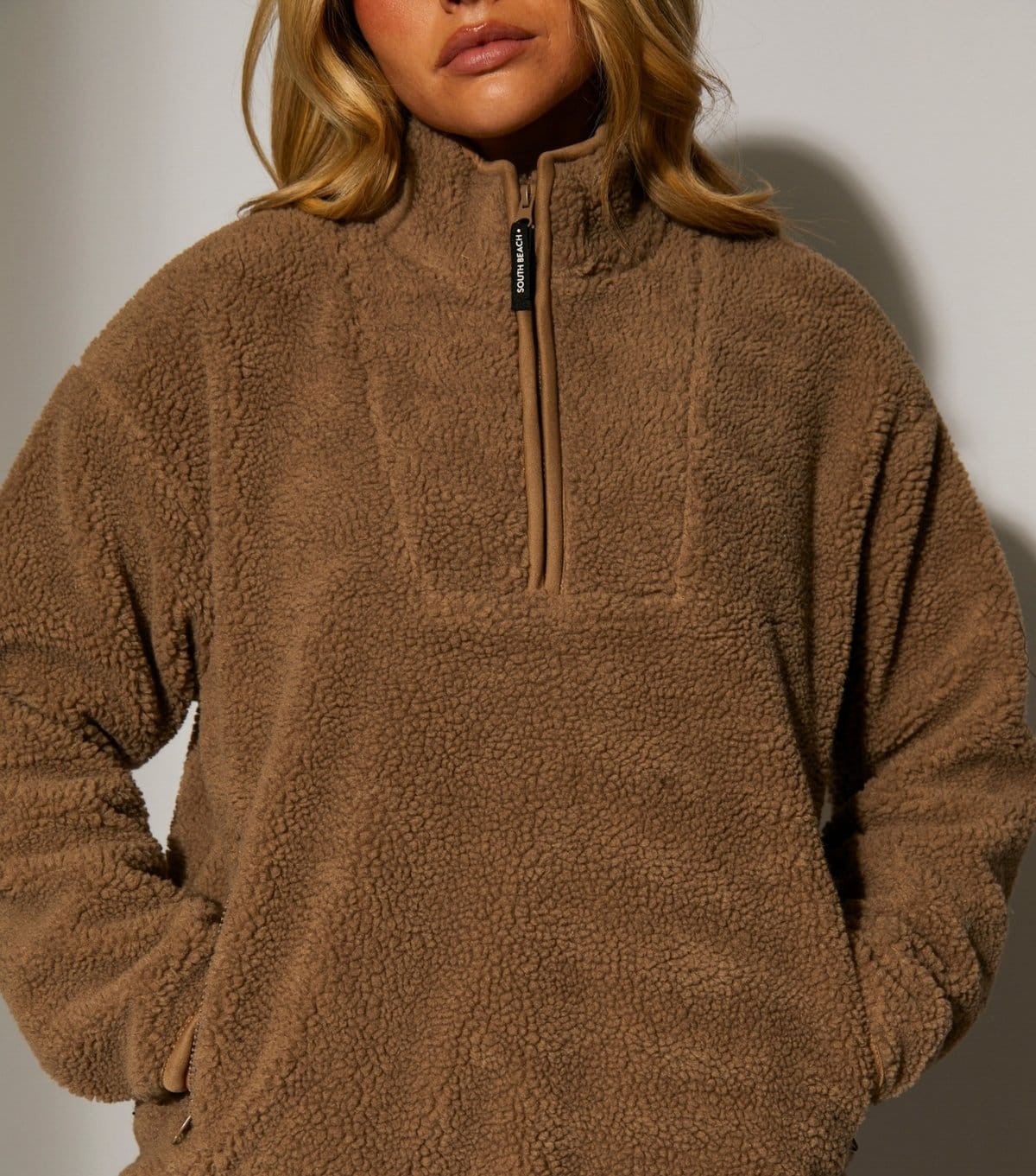 South Beach Women's Light Brown Quarter Zip Borg Jacket South Beach New Look - 4