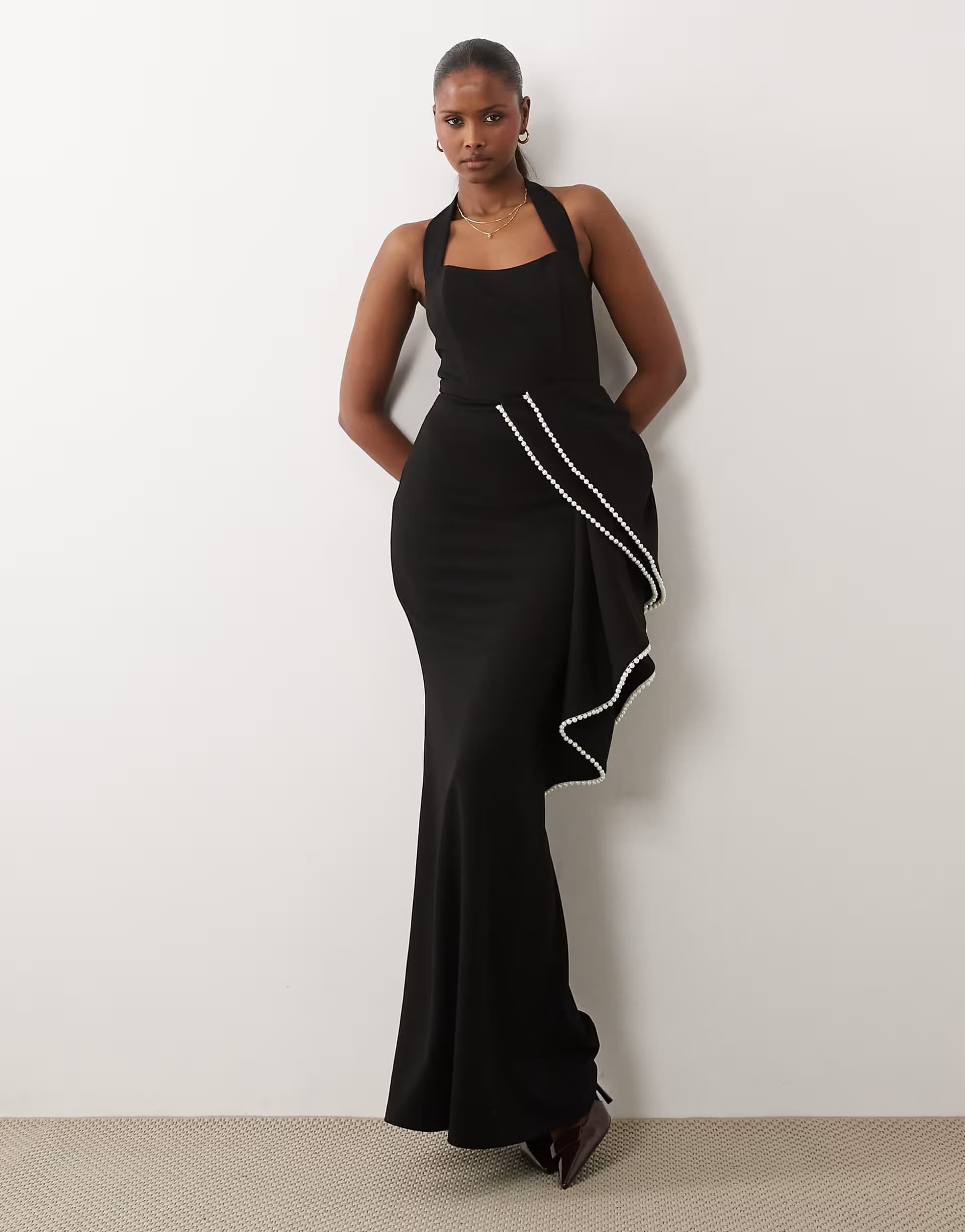 ASOS ASOS DESIGN Premium crepe halter maxi dress with pearl embellished oversized bow in black