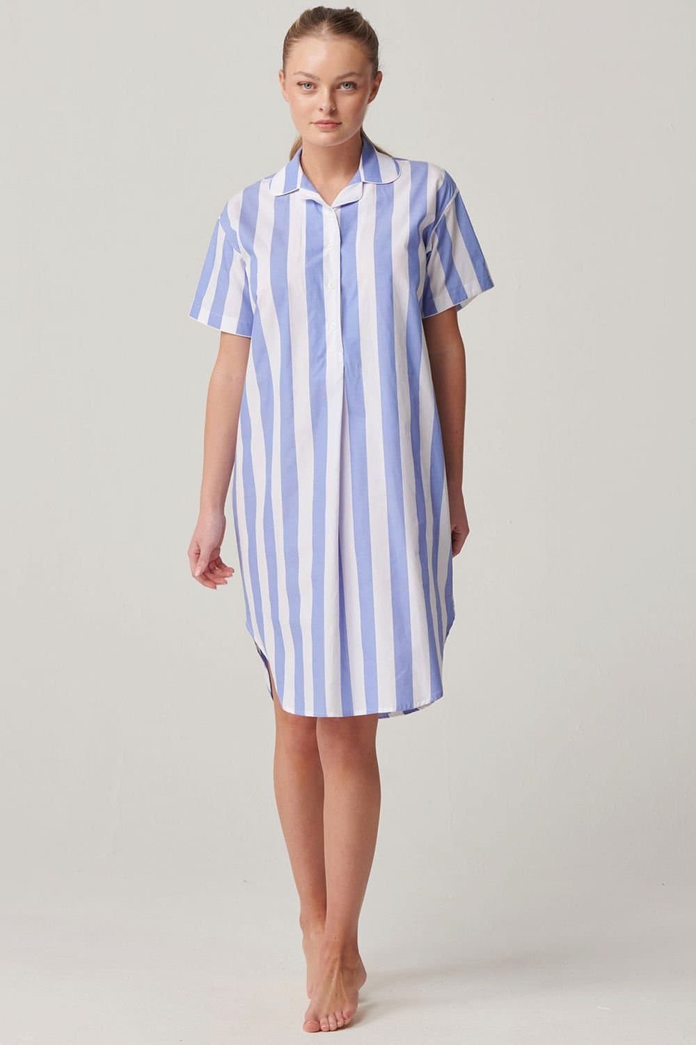 British Boxers British Boxers Women's "Boat Blue" Stripe Crisp Cotton Short Sleeve Nightshirt in Light Blue