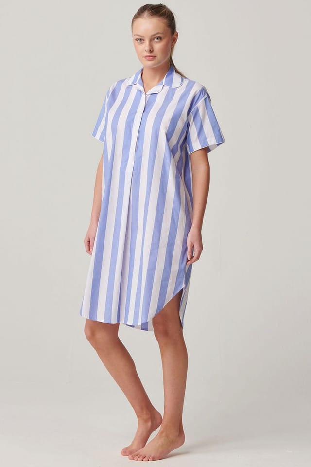 British Boxers British Boxers Women's "Boat Blue" Stripe Crisp Cotton Short Sleeve Nightshirt in Light Blue - 2