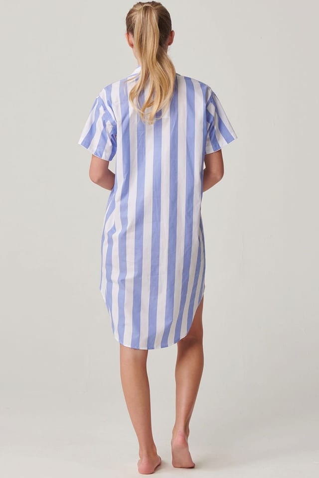 British Boxers British Boxers Women's "Boat Blue" Stripe Crisp Cotton Short Sleeve Nightshirt in Light Blue - 3