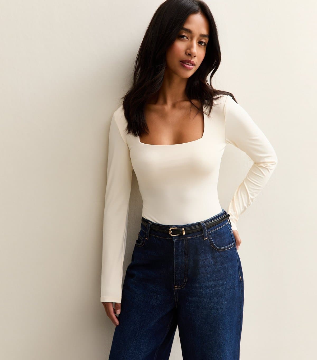 New Look Women's Petite Cream Square Neck Long Sleeve Bodysuit New Look